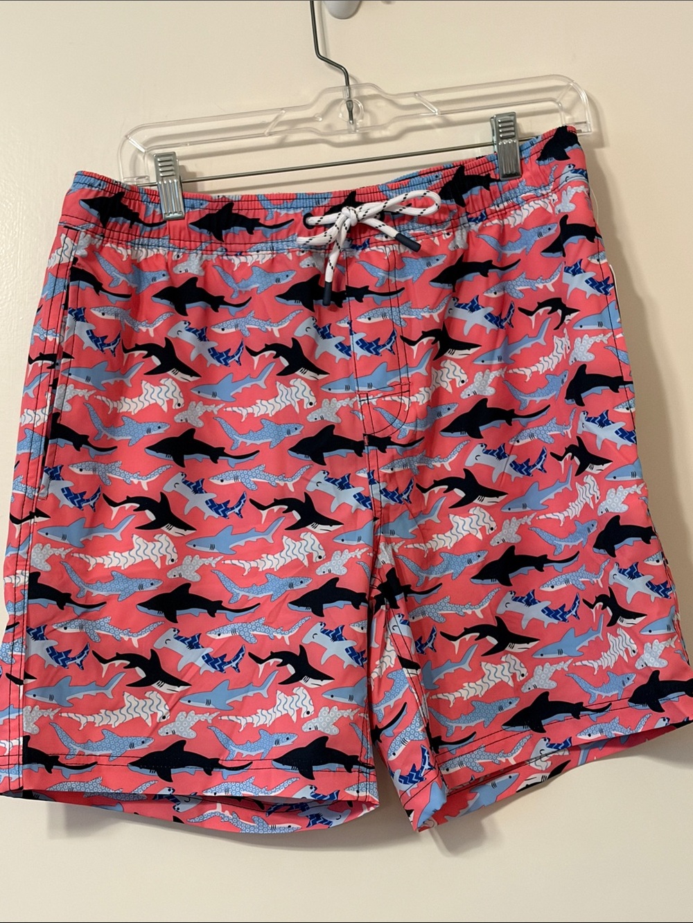 Men's Pink Shark-Print Swim Trunks with Drawstring Waist